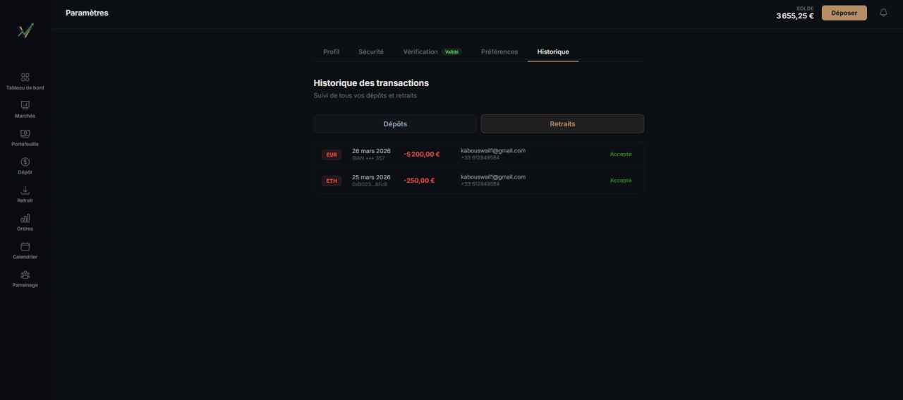 Interface de retrait et suivi des fonds sur la plateforme